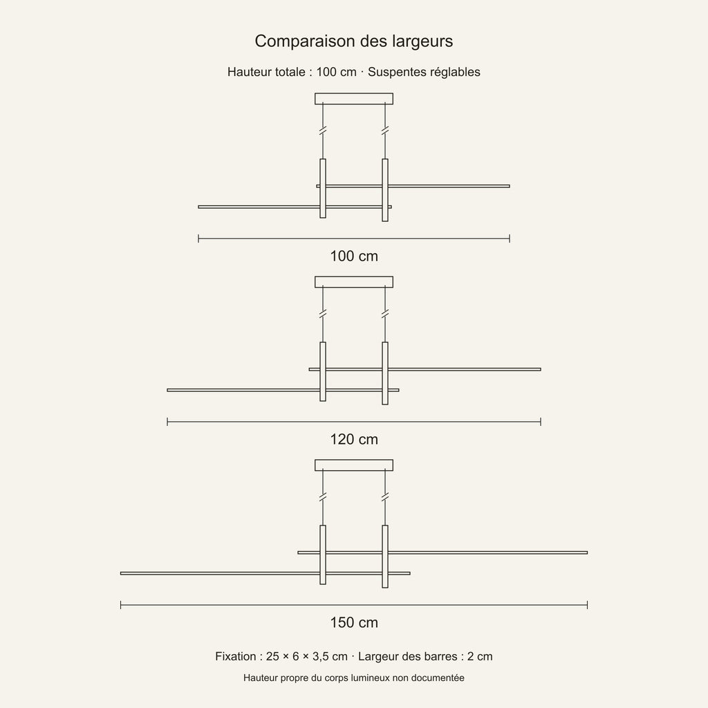 Suspension barres LED croisées — schéma coté, largeurs 100, 120 et 150 cm