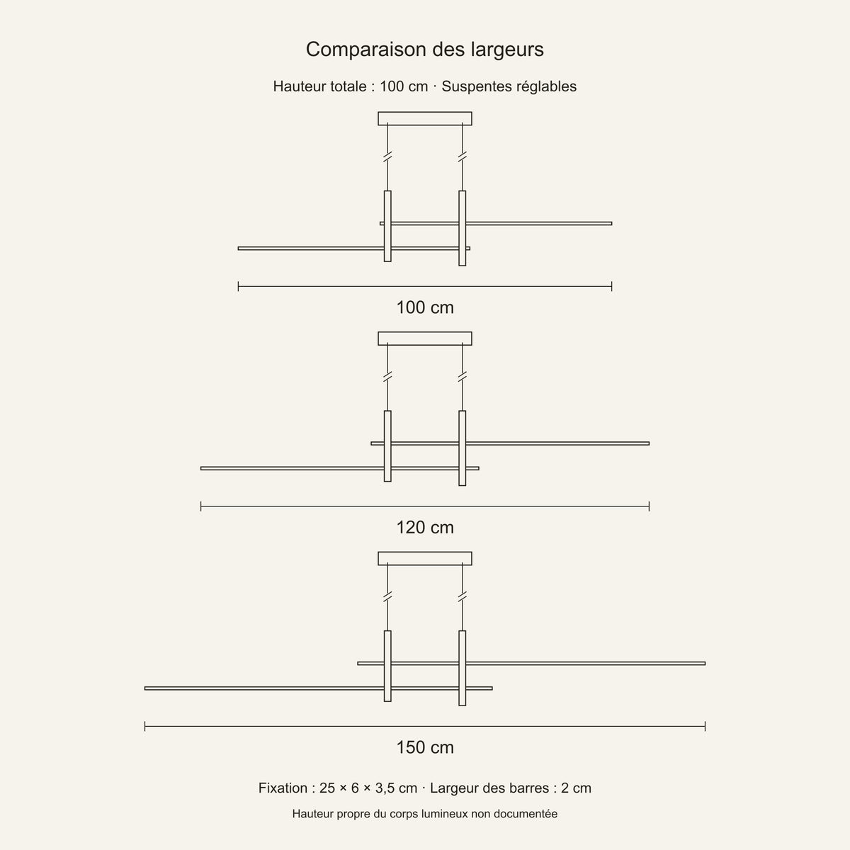 Suspension barres LED croisées — schéma coté, largeurs 100, 120 et 150 cm