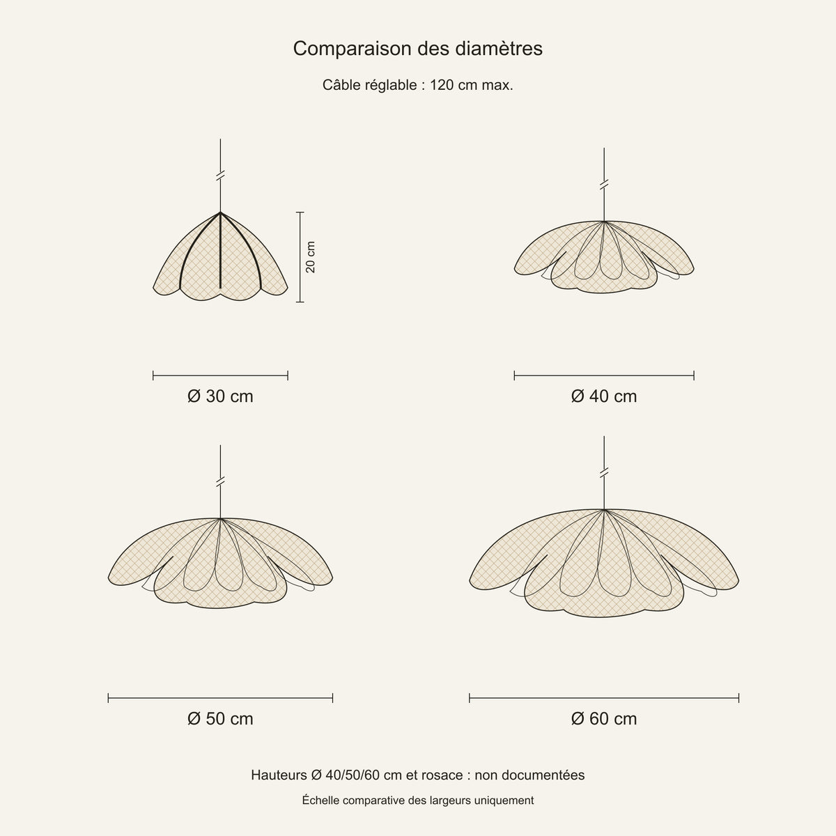 Suspension pétales tressés — schéma coté, diamètres 30 à 60 cm