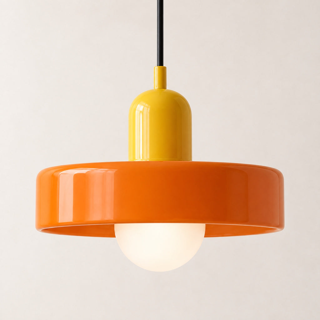 Suspension disque de verre orange, douille jaune, boule opaline