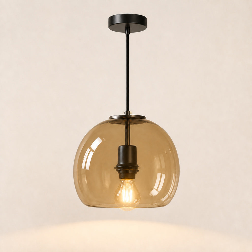 Suspension globe en verre fumé sur tige rigide, ambre