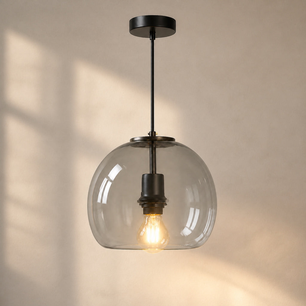 Suspension globe en verre fumé sur tige rigide, vue complémentaire