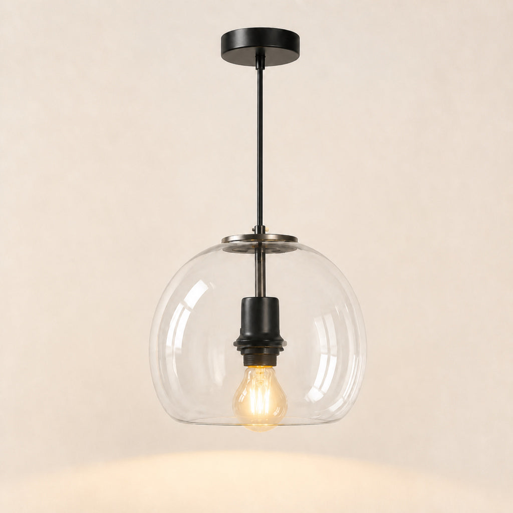 Suspension globe en verre fumé sur tige rigide, transparent