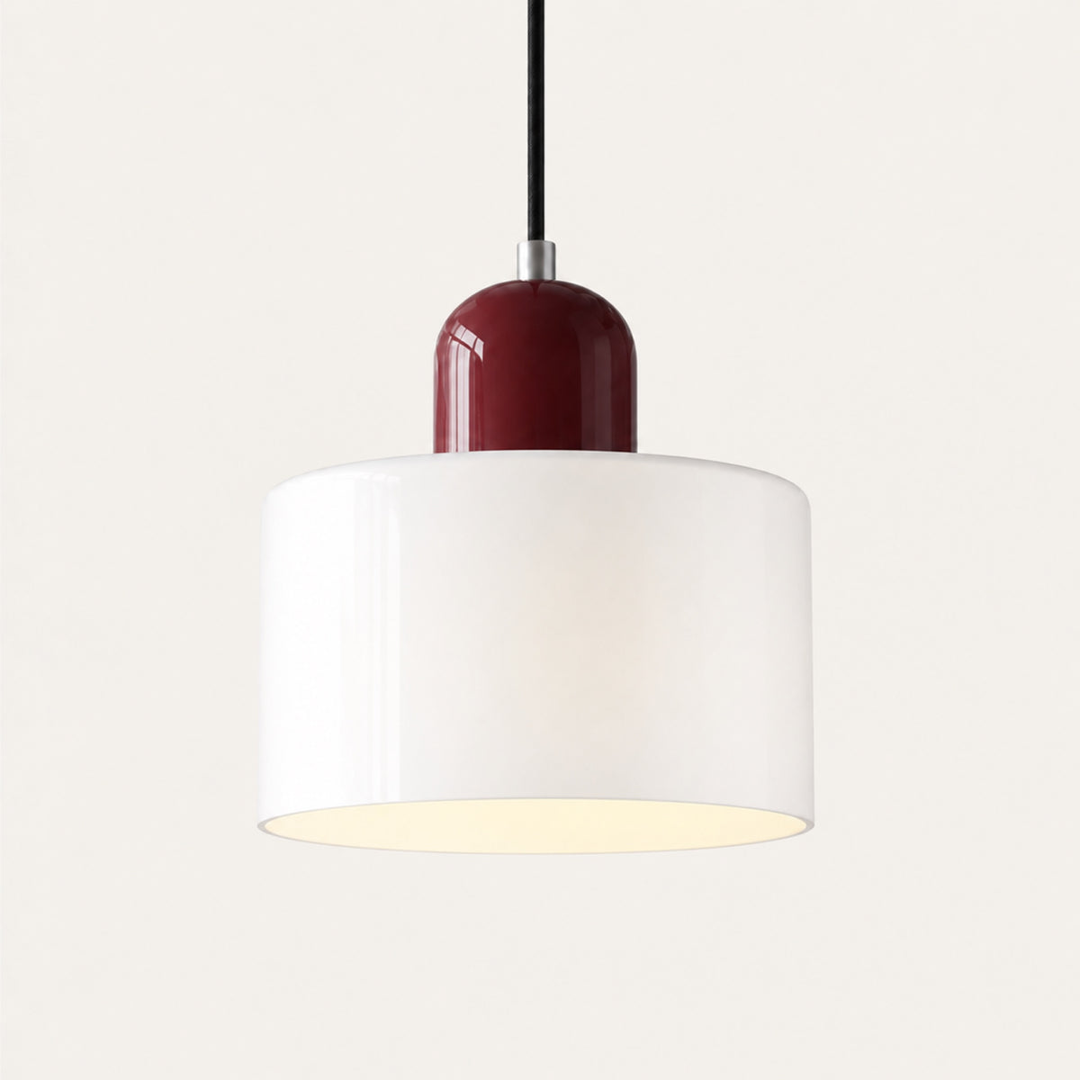 Suspension cylindre en verre blanc, calotte bordeaux