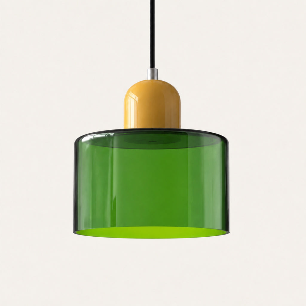 Suspension cylindre en verre vert, calotte jaune ocre
