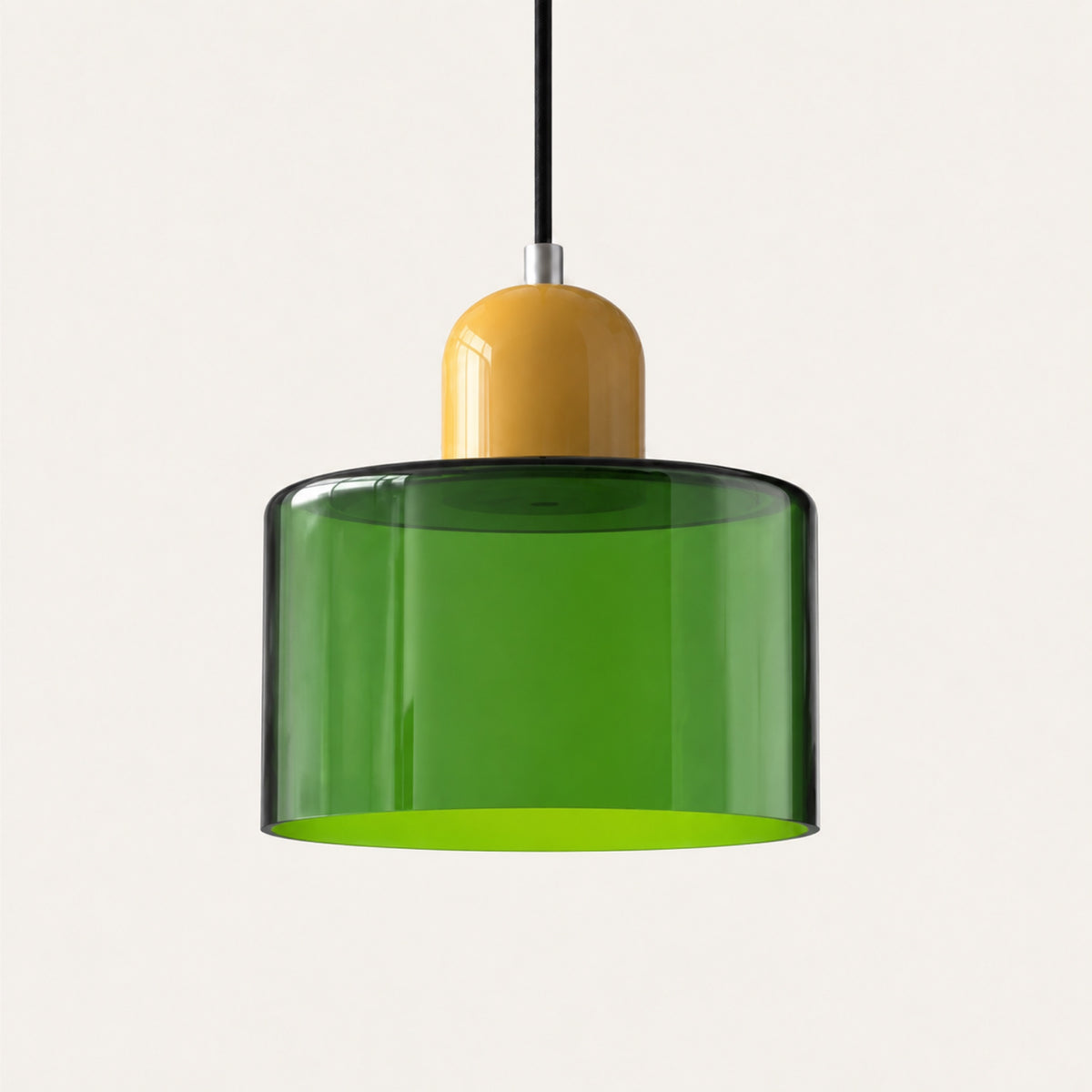 Suspension cylindre en verre vert, calotte jaune ocre