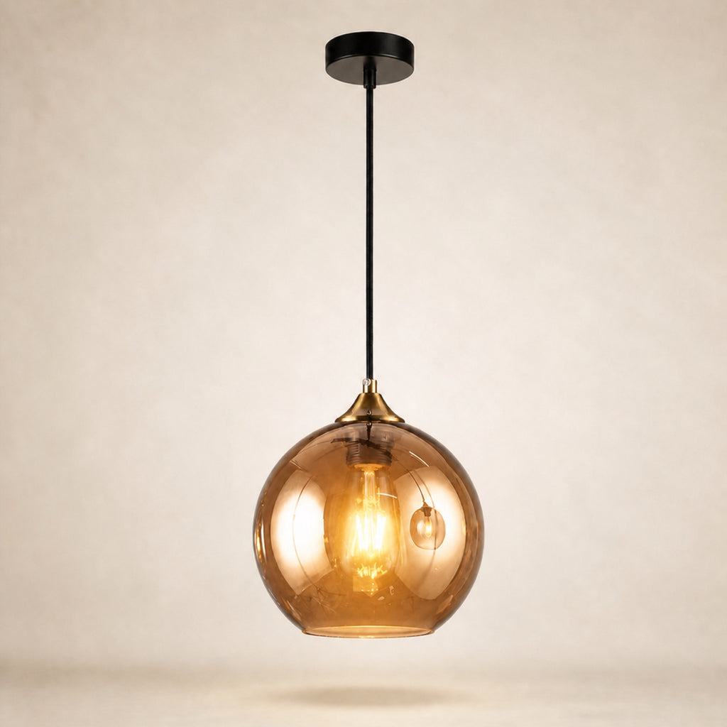 Suspension boule en verre fumé miroir, cognac