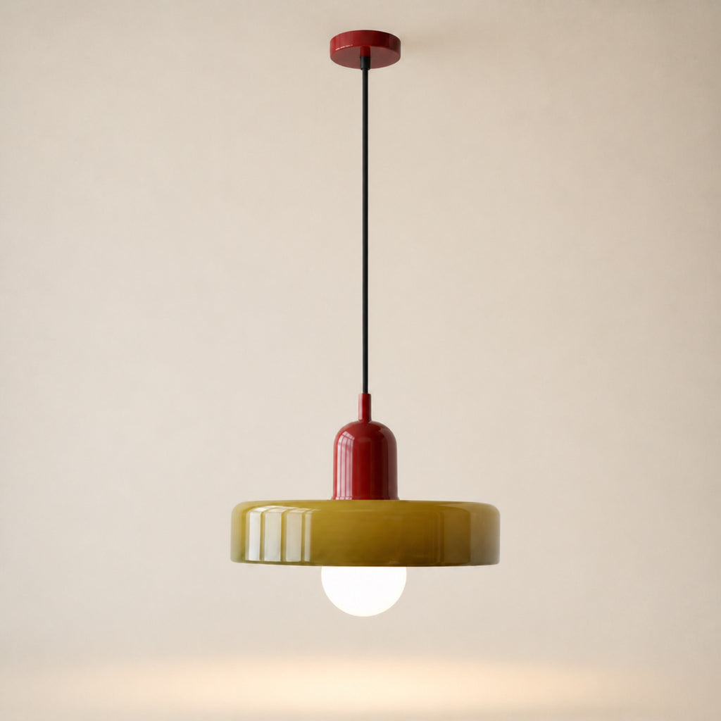 Suspension disque plat en verre coloré, sur fond neutre
