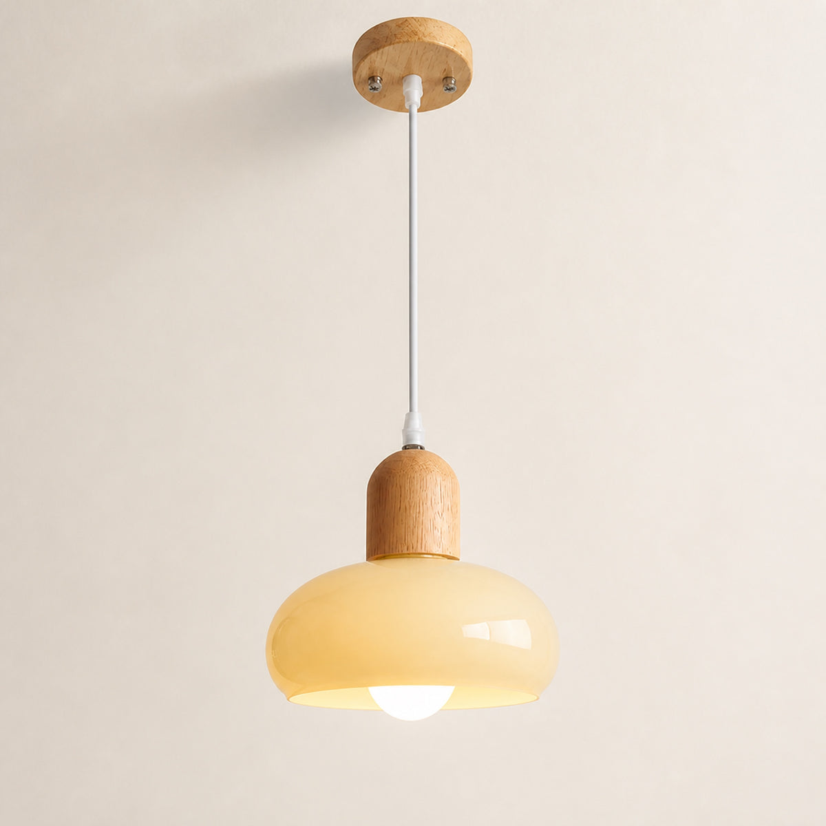 Suspension verre bois, abat-jour chambre, vue Codex 1