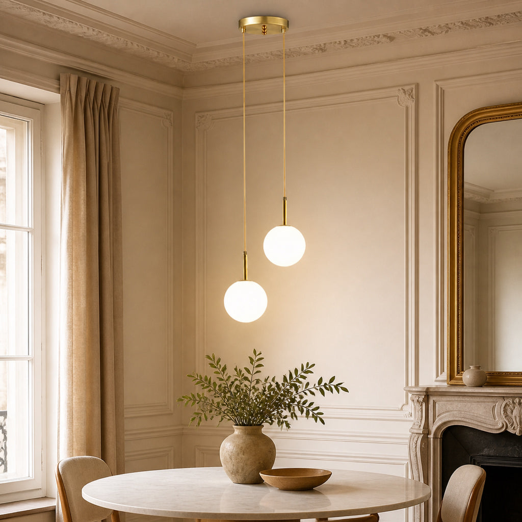 Suspension globes opale sur câbles laiton, en situation dans un intérieur