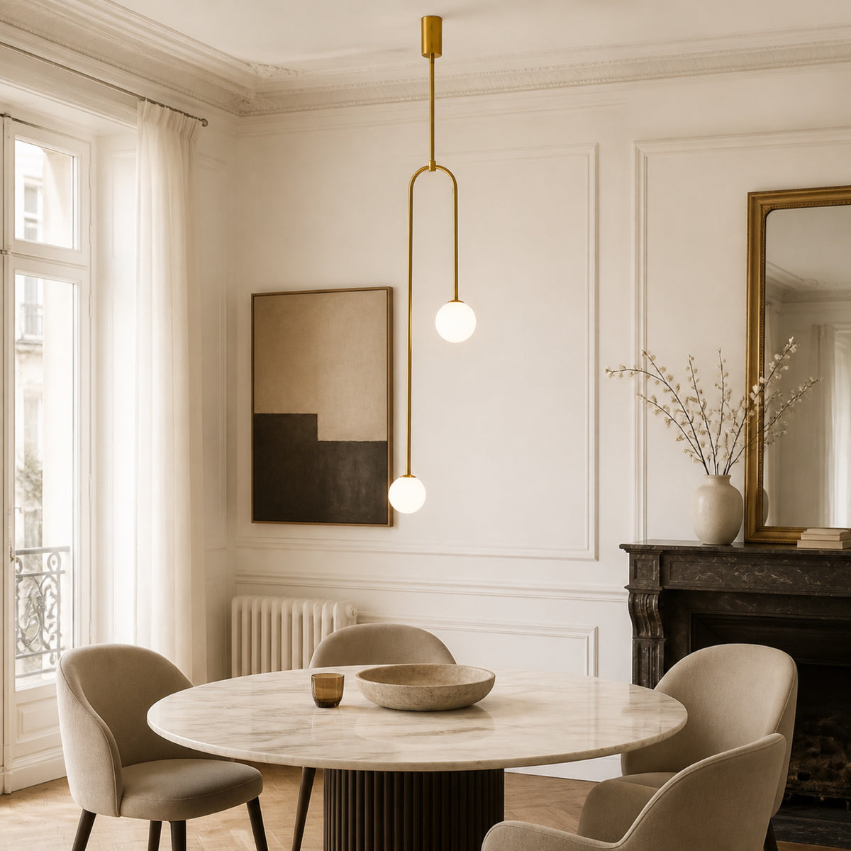 Suspension arceau laiton et globes opale, en situation dans un intérieur